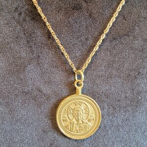 Religious coin pendant necklace  22" 12k gold plated chain